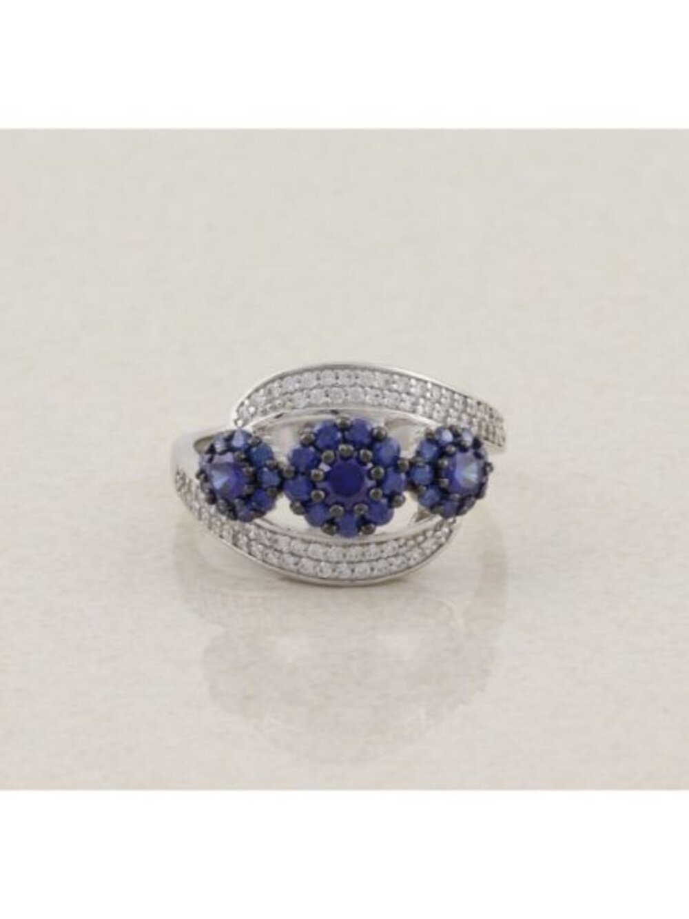 Sterling Silver Blue & White Cubic Zirconia Flower Ring Sparkly Size 10